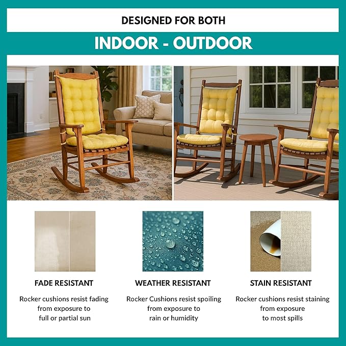 Rave Yellow Gold Porch Rocker Cushion Set- Extra-Large - Indoor-Outdoor: Fade Resistant, Weatherproof - Latex Foam Filled Rocking Chair Seat Cushion & Backrest Pad Set - Solid Color