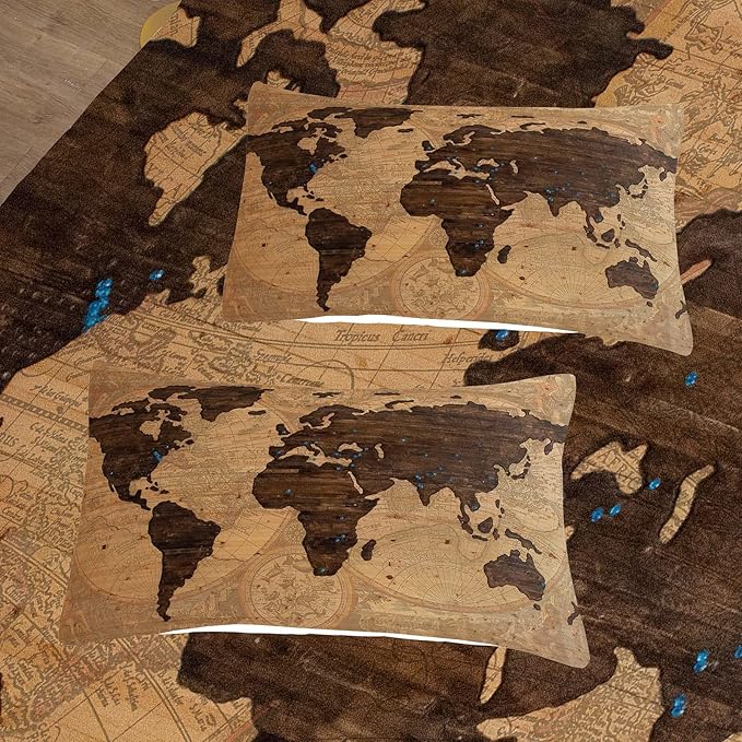 Tailor Shop World Map Comforter Set for Boys Girls Kids Teens ，Retro Yellow Vintage Nostalgic World Map Bedding Sets Twin Size 2 Pieces with 1 Comforter 1 Pillowcases