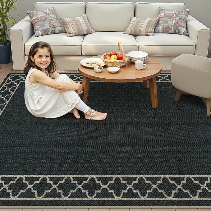 OJIA Easy Jute Washable Rugs 5x7 Outdoor Rug, Modern Area Rug Patio Rug Living Room Rugs Bordered Indoor Outdoor Rug Farmhouse Non-Slip Carpet Geometric Black Rug for Backyard Dining Room