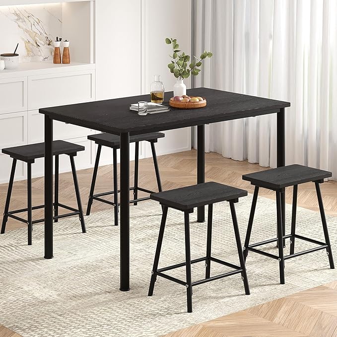 VECELO Kitchen Table and Chairs for 4, Dining Room Set with Chairs/Stools, Heavy-Duty Metal Frame with Wooden Tabletop for Small Spaces, Easy Assembly, Elegant Black