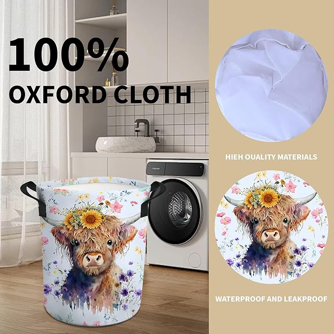 Highland Cow Laundry Basket Nursery Baby Hamper Western Room Decor Funny Tote Bag for Teen Boy Girl Gift 19.6"x15.7"