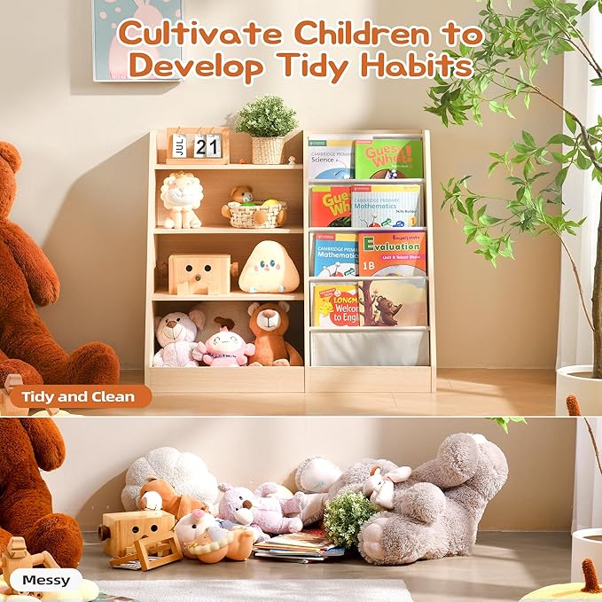 4 Tier Kids Wooden Bookshelf Baby Toddler Bookshelf and Toy Storage Organizer with Four Layer Sling Bookcase for Kids Room Playroom Nursery Classroom