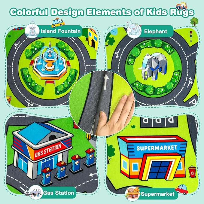 Road Car Rug, 3x5 Ft City Road Rug for Kids, Extra Thick (0.4in) Kids Floor Play Mat and Car Carpet with Realistic Colors - Perfect for Children, Soft and Non-Slip for Playroom and Bedroom