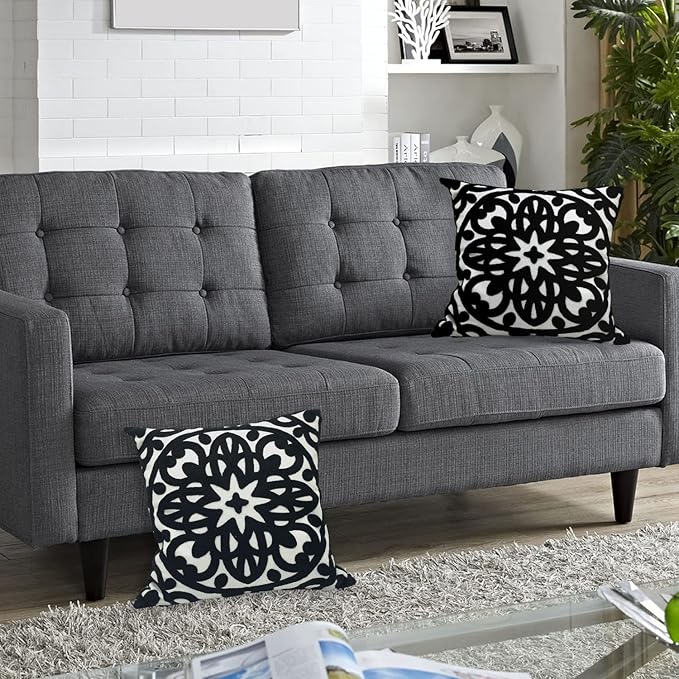 Alysheer Embroidered Decorative Throw Pillow Cover 18x18 inch, Classic Boho Mandala Chic Knit Pattern, 100% Cotton Canvas Cozy Cushion Case for Sofa Couch Living Room Bedroom(Black)