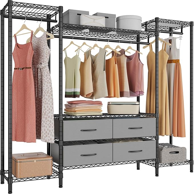VIPEK V20 Wire Garment Rack Heavy Duty Clothes Rack, Metal Clothing Rack with 6 Shelves, 3 Hang Rods & 4 Fabric Drawers, Compact Wardrobe Closet, 56.7" L x 14.6" W x 70.9" H, Black