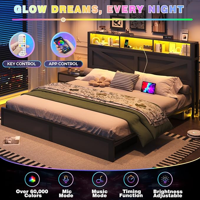 Farmhouse King Bed Frame with Bookcase Storage Headboard, Charging Station, LED Light and 2 Storage Drawers, Noise Free, No Box Spring Needed, Black