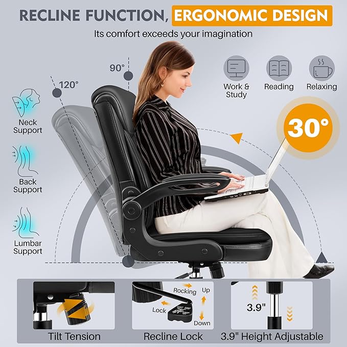 Office Chair Ergonomic Desk Chair - Premium Leather Executive Office Chairs with Lumbar Support Flip Up Armrests, Home Office Desk Chairs Computer Chair with Rocking Function Adjustable Height