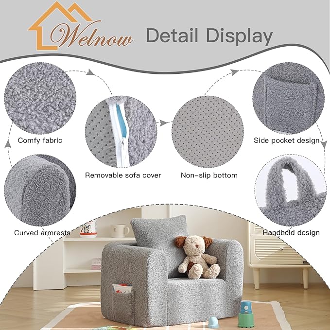 Welnow Kids Sofa with Pillow, Cozy Toddler Chair Soft Foam Seat for Reading, Children's Couch with Armrest Lightweight Comfy Kids Furniture for Bedroom, Playroom for Boys and Girls, Sherpa Grey