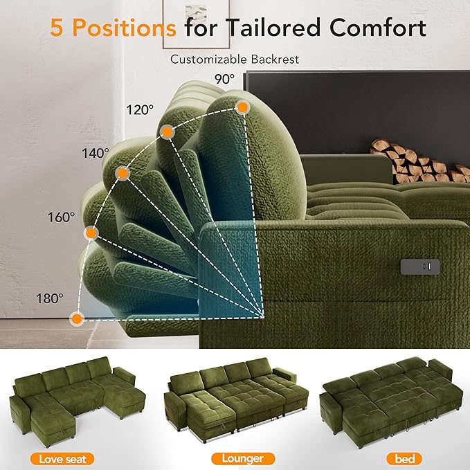 Vipbear Sleeper Sectional Sofa, 105" U Shaped Couch with Pull Out Bed, Convertible Chenille Cloud Sofa with Reclining Backrest | Double Storage Chaise | USB Ports | Tool-Free Assembly | Green