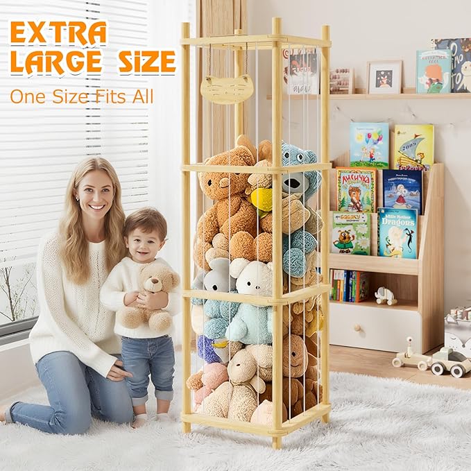 Stuffed Animal Storage , Wooden Stuffed Animal Storage with High Elastic Rope, Large Stuffed Animal Zoo for Nursery Playroom Bedroom (log color)