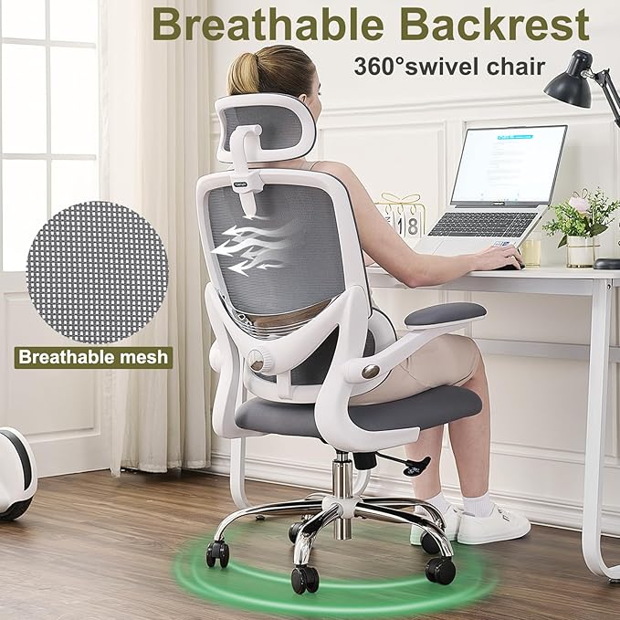 Ergonomic Home Office Chair, High Back Mesh Desk Chair with Adjustable Lumbar Support, Flip-up Armrest, Removable Headrest, Swivel Computer Gaming Chair, Space Saving, 330LBS (White+Grey)