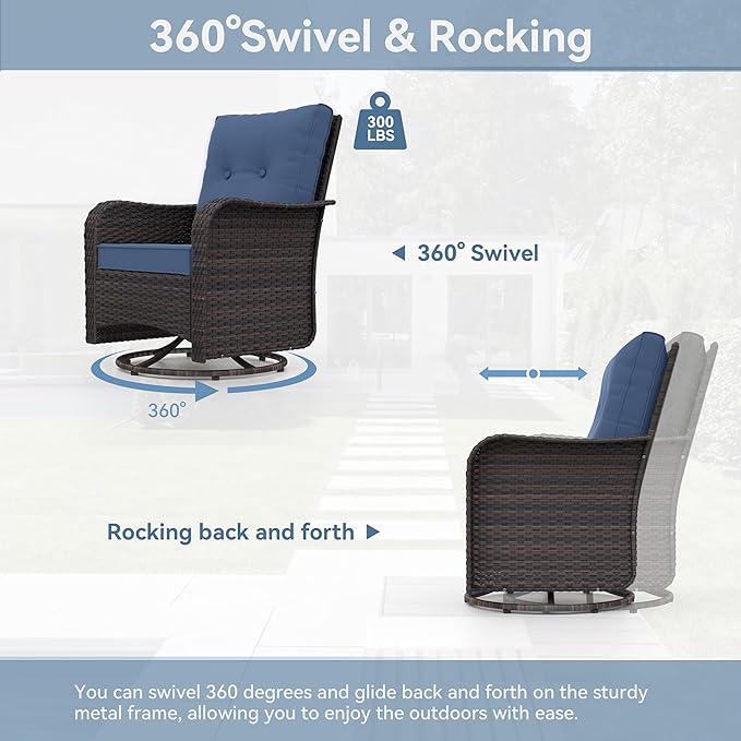 Kurapika 10 Pieces Patio Furniture Set, Rattan Wicker Outdoor Conversation Sets w/43in Propane Fire Pit Table, Swivel Rocking Chairs Patio Sectional Sofa w/4 Inch Cushion, Navy Blue