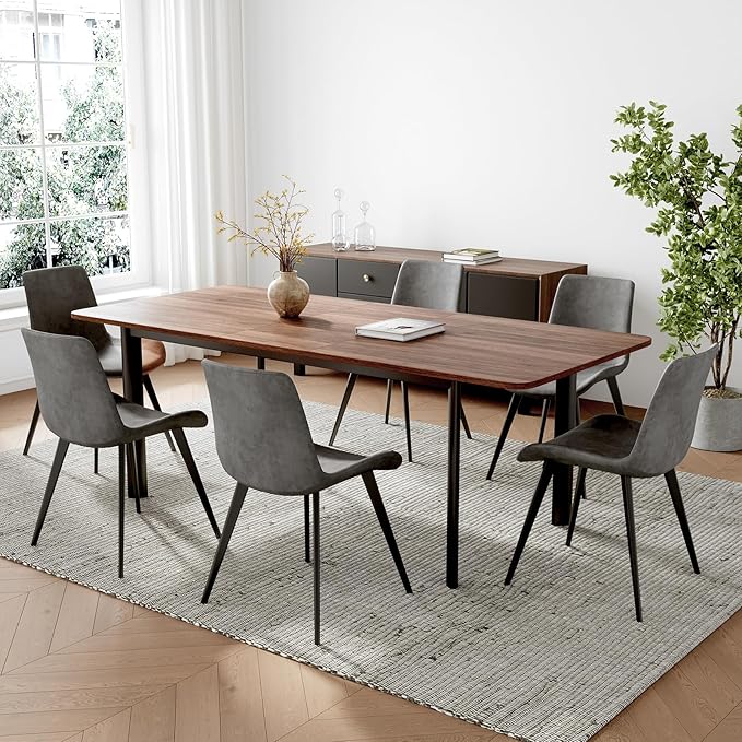 63"- 78.7" Extendable Dining Table Set for 6, Modern Kitchen Table with 6 PU Leather Chairs, Thickened Expandable MDF Wooden Table with Metal Legs for Dining Room, Kitchen, Living Room