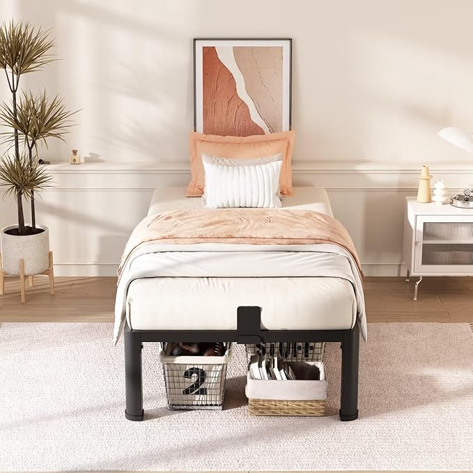 FUIOBYVV 14 Inch Twin Bed Frame with Rounded Corner and Headboard Hole Mattress Retainers 3500 LBS Metal Heavy Duty Steel Slats Support No Box Spring Needed Platform Noise Free Easy Assembly