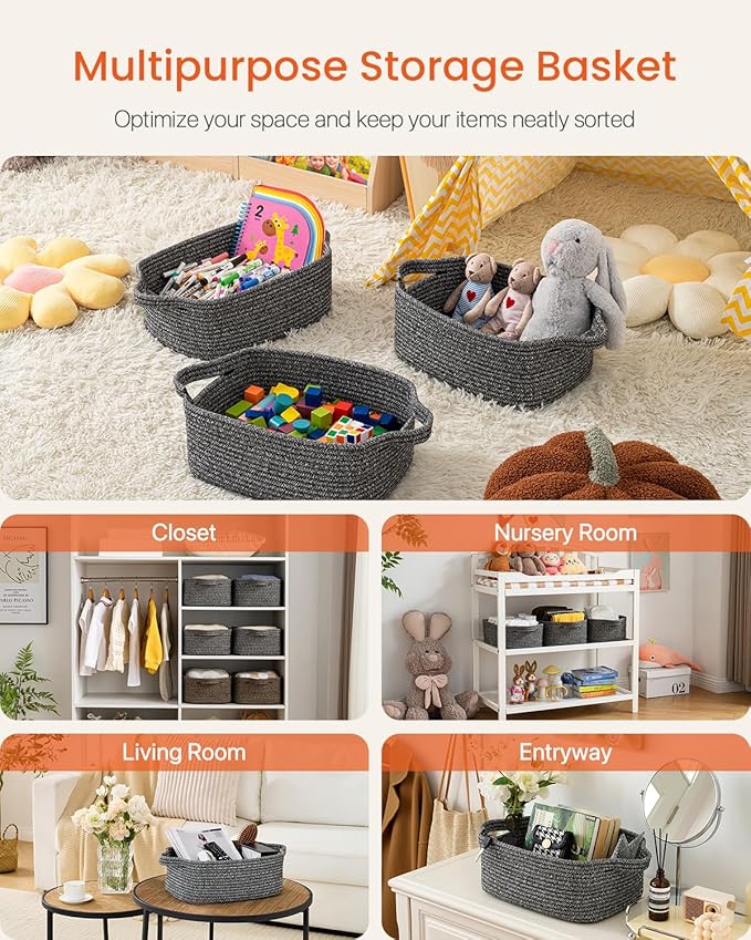 KALLAX Small Woven Basket, 14 x 10 x 5.6 Inches, Small Storage Baskets for Organizing, Gift Baskets Empty, Cute Rope Shelf Closet Storage Bins for Shelves, Dog Toy Basket, Mixed Black