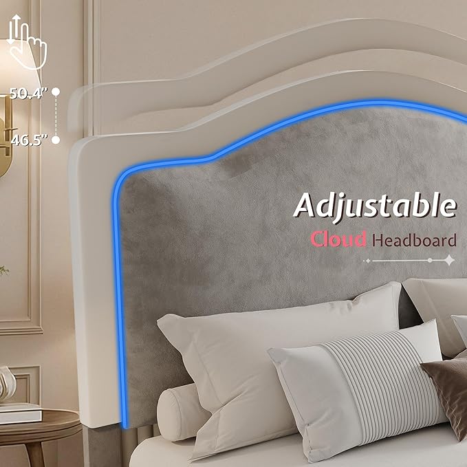 Jocisland Full Bed Frame with 51" Tall & Thick Adjustable Headboard, Storage Drawers, RGB LED Lights, No Box Spring Needed, Velvet Upholstered, Grey