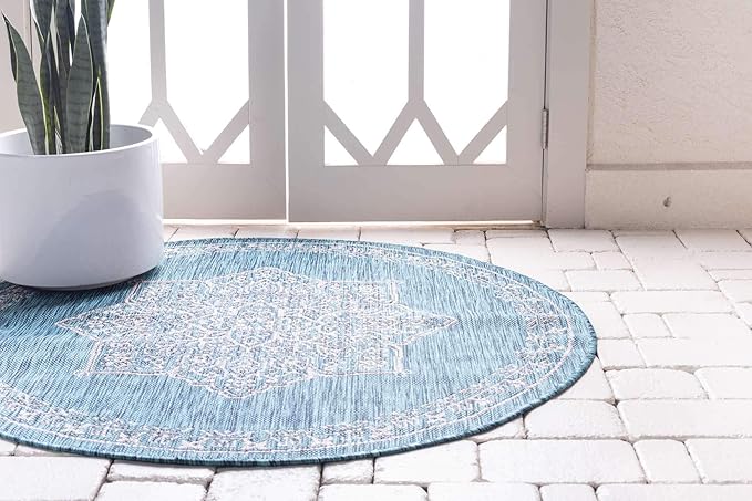 Unique Loom Outdoor Traditional Collection Area Rug - Antique (4' 1" Round, Teal/ Gray)