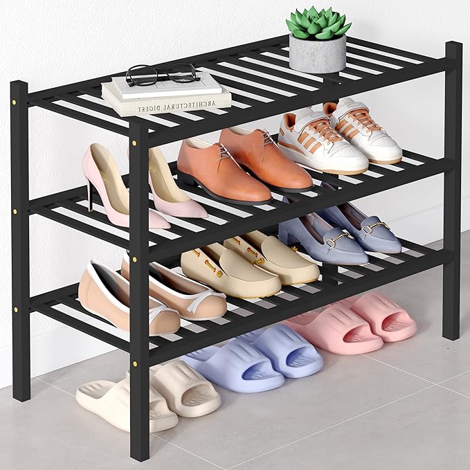 Smiry Bamboo Shoe Rack for Closet, 3 Tier Wooden Stackable Shoe Organizer, Free Standing Shoes Storage Shelf for Entryway, Front Door Entrance, Black