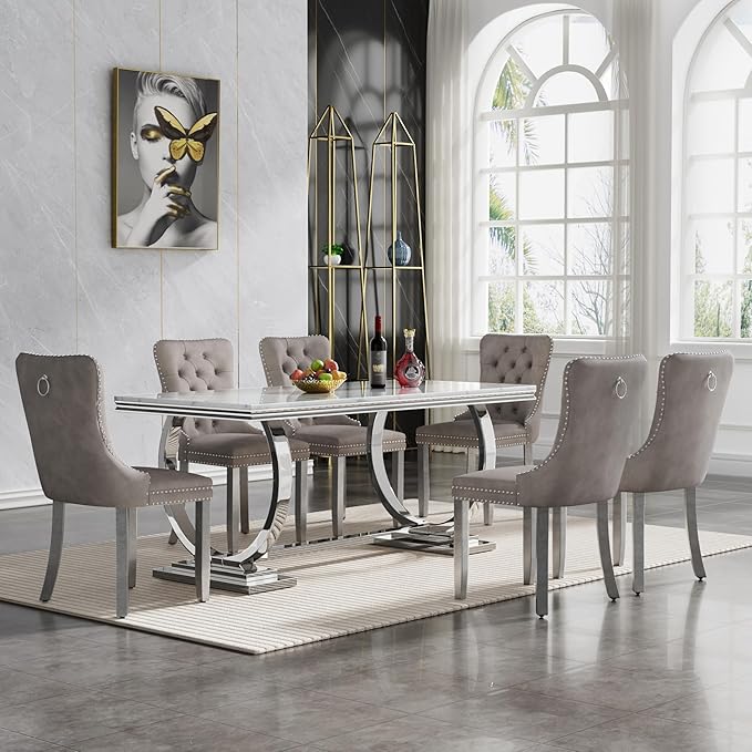 Goujxcy 7 Piece Marble Dining Table Set for 6, Luxury 70" White Marble Silver Kitchen Table with 6 Grey Velvet Upholstered Chairs, Modern 6 Person Dining Room Table Set for Kicken Dining Office Room