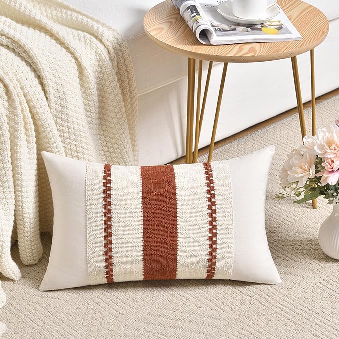 Fancy Homi Set of 2 Rust Boho Long Lumbar Decorative Throw Pillow Cover 12x24 Inch for Couch Bed Sofa, Aesthetic Modern Organic Fall Room Decor, Soft Cotton Cute Terracotta Farmhouse Cushion Case