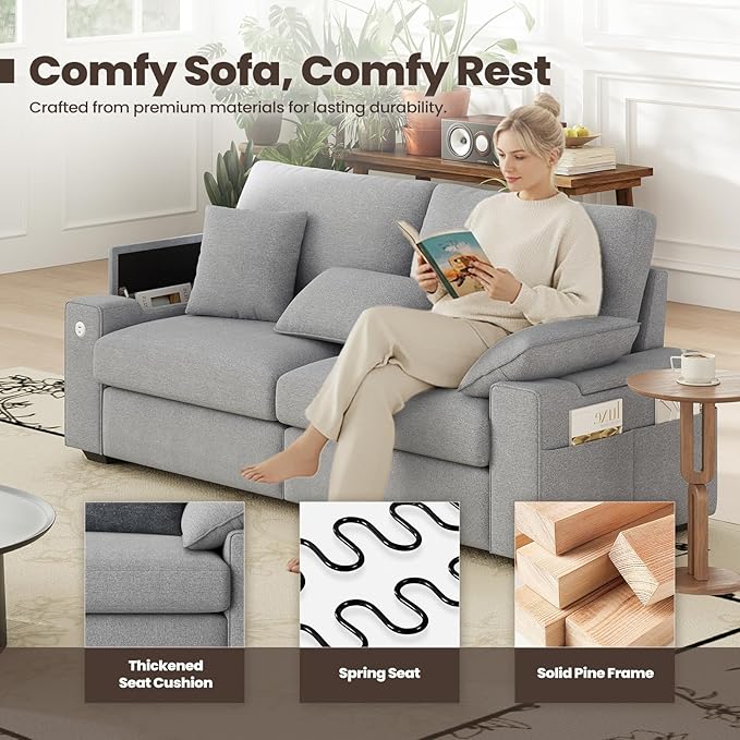 76" Loveseat Sofa, Cloud Foam Couch, 3 Seater Upholstered Midcentury Mondern Love Seat with USB Type C Ports, 4 Pillows and Flip-Open Storage Armrest for Living Room/Small Spaces, Grey