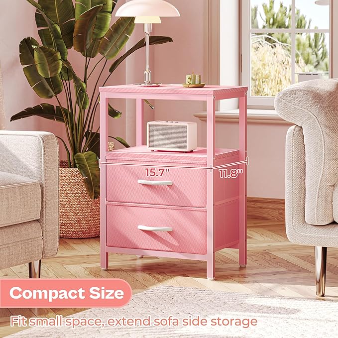 Huuger Nightstand with Charging Station, Side Table with Fabric Drawers, End Table with Open Shelf, Bedside Table with USB Ports and Outlets, Night Stand for Bedroom, Pink