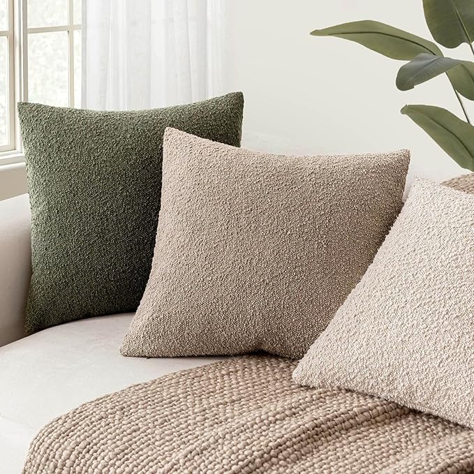 Foindtower Set of 2, Decorative Textured Boucle Throw Pillow Covers Accent Solid Pillow Cases Neutral Cozy Couch Cushion Case for Chair Sofa Bedroom Living Room Home Decor 16x16 Inch Light Khaki Tan