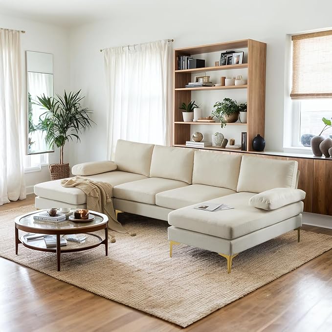 VINGLI 110" Modern U Shaped Sectional Couch with 51"D Double Chaise for Living Room, Beige Deep Seat Sectional Sofa Sets with 5.9" Thickness Seating Padding for Home Furniture,Linen Fabric,Metal Legs