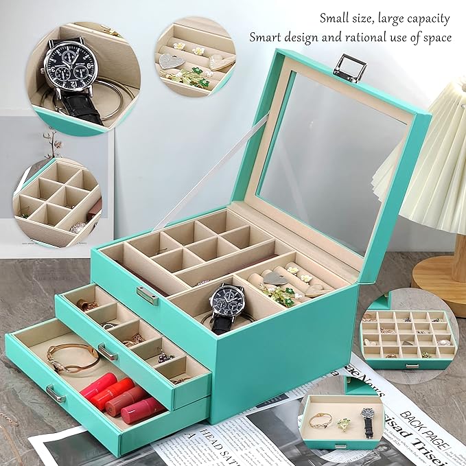 BOOVO Clear Lid Jewelry Box,3 Layers Jewelry Organizer Large Multi-Functional Jewelry Storage Box with 2 Drawers,Jewelry Display Case of Rings Earrings Necklace Bracelets for Women Girls (Turquoise)