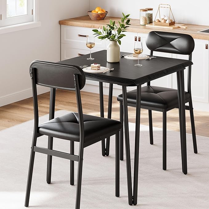 GarveeHome Dining Table Set for 2, Kitchen Table with Upholstered Chairs for Kitchen Room and Small Spaces (Black, Table with 2 Chairs)