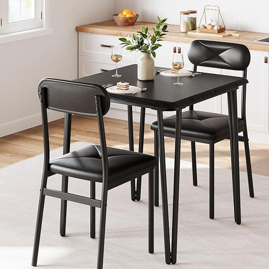 GarveeHome Dining Table Set for 2, Kitchen Table with Upholstered Chairs for Kitchen Room and Small Spaces (Black, Table with 2 Chairs)