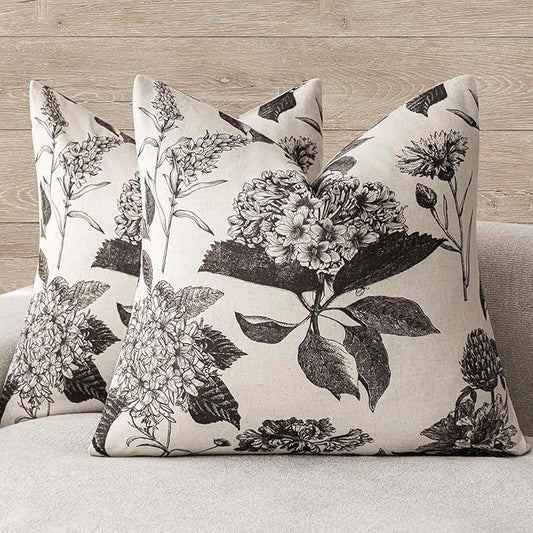 Foindtower Set of 2 Linen Floral Vintage Throw Pillow Covers Neutral Accent Print Decorative Cushion Covers Farmhouse Boho Home Decor for Sofa Chair Couch Bedroom Living Room Outdoor,20×20 Inch,Black