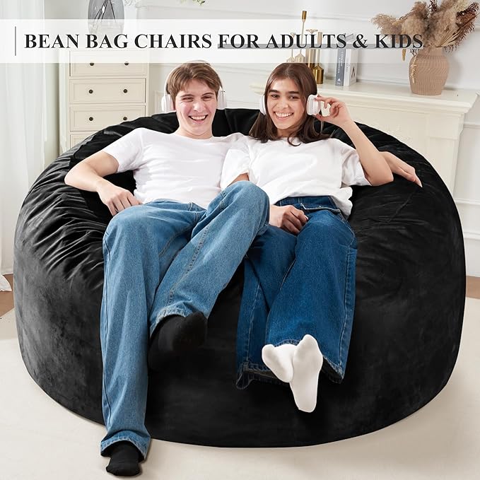 Homguava 5FT Bean Bag Chair Giant BeanBag with Memory Foam Filled, Comfy Bean Bag Chairs for Adults, Adult Bean Bag Chair with Dutch Velvet Cover for Living Room Bedroom-Black