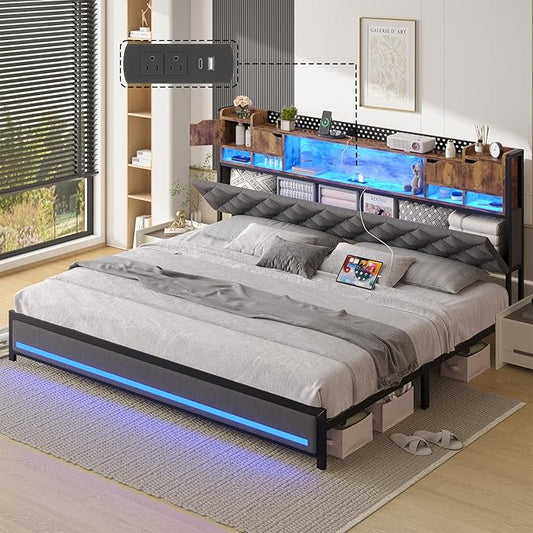 King Bed Frame with Upholstered Headboard, Bed Frame King Size with Hidden Storage,3-Tier Storage Shelves, LED Lights and Charging Station, King Bed with Noise-Free, No Box Spring Needed, Gray