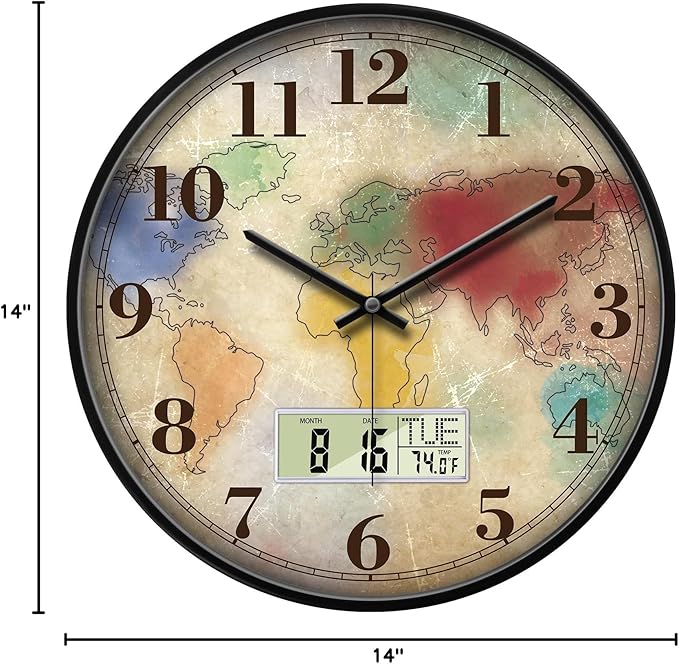 Modern Round Retro Digital and Analog Wall Clock Silent Calendar Colorful World Map Vintage Clocks with Date and Temperature Week Quiet Non-Ticking Kid Room Office Kitchen Decor for Bedroom 14 Inch