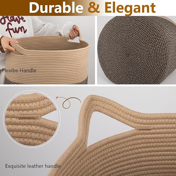 Laundry Basket, 100L Large Laundry Hamper, Tall Woven Rope Storage Basket for Blanket Toys Pillows Towels, Baby Nursery Hamper Bin for Living Room, Bedroom (Black & Yellow)