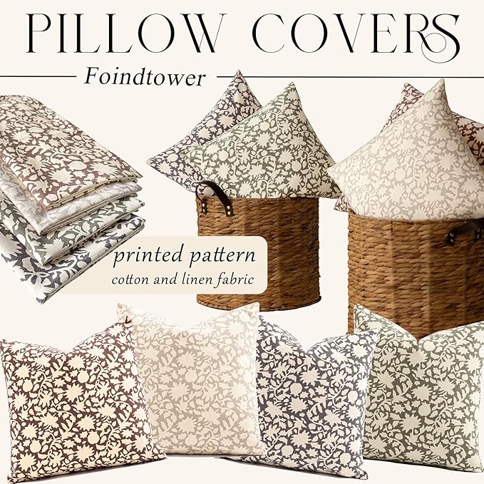 Foindtower Set of 2 Decorative Neutral Floral Throw Pillow Covers Accent Farmhouse Cushion Covers Boho Vintage Pillowcase for Couch Sofa Bedroom Living Room Home Decor Outdoor,18×18 Inch,Rustic Gray