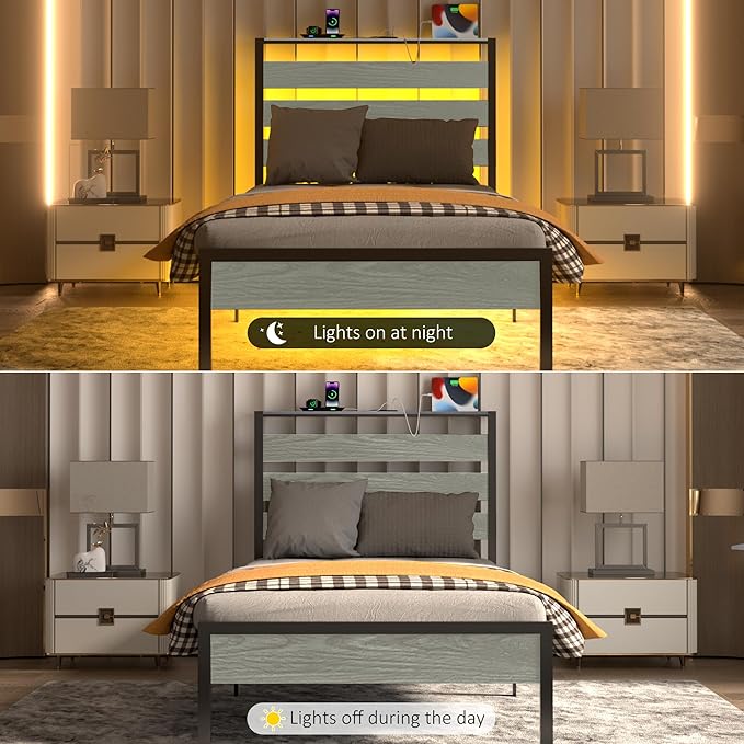 Twin Bed Frame with LED Lights & Charging Station, Metal Platform Bed with Headboard, Heavy Duty Metal Slats, No Box Spring Needed, Noise Free, Easy Assembly