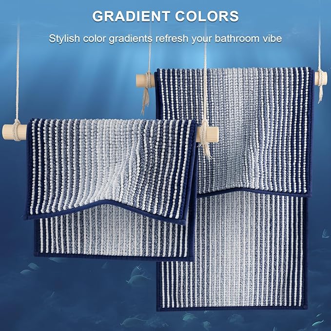 BSICPRO Bathroom Rugs and Mats Sets, 2 Piece Thick Absorbent Chenille Bath Mat Rug Set Non Slip, Soft Shaggy Bath Room Floor Mats for Bathroom, Machine Washable (Navy, 24" x 70" Plus 20" x 32")