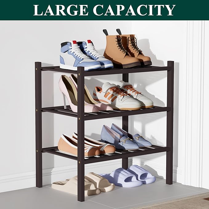 Smiry Bamboo Shoe Rack for Closet, 3 Tier Small Wooden Stackable Shoe Organizer, Free Standing Shoes Storage Shelf for Entryway, Front Door Entrance, Brown