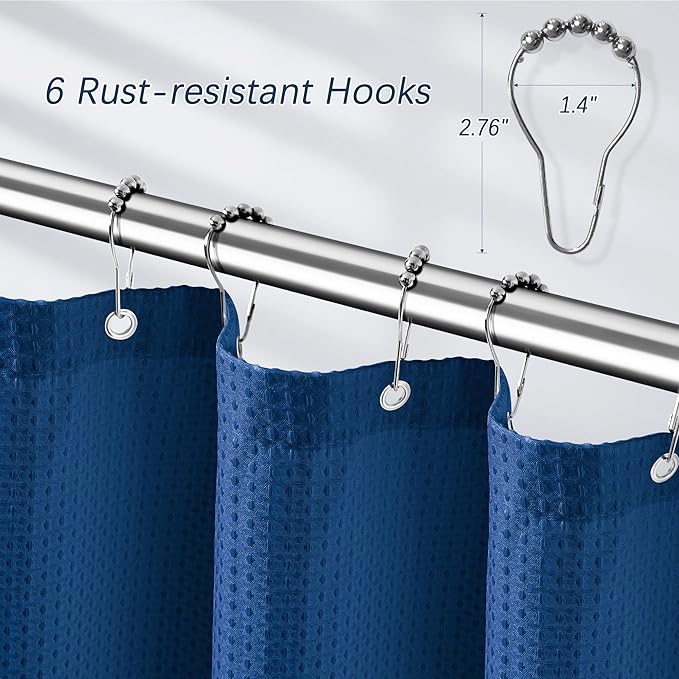 Classic Blue Stall Fabric Shower Curtain - Water Repellent Waffle Textured 256GSM Heavy Duty Cloth Shower Curtains for Bath Tubs, Narrow Hotel Quality Bath Curtain Set with 6 Hooks, 36Wx72H