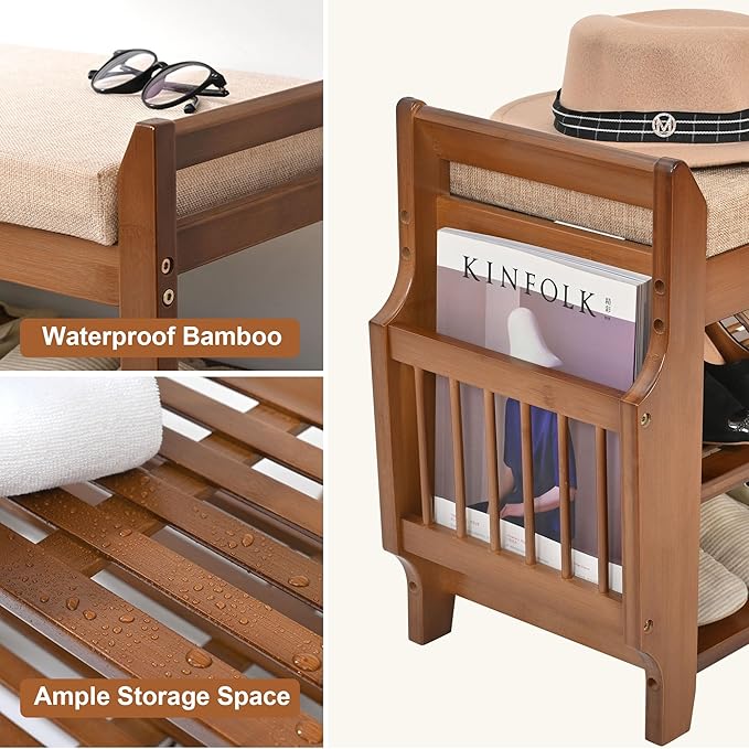 2 Tier Shoe Bench, Bamboo Shoe Rack Bench, Shoe Storage Bench Organizer for Entryway Hallway Living Room