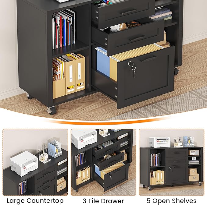 Semoic 3 Drawer Wood Lateral File Cabinet with Lock, Rolling Mobile Filing Cabinet with Open Storage Shelves, Printer Stand Office Storage Cabinet for Home Office Fits Files Legal/A4 Size, Black
