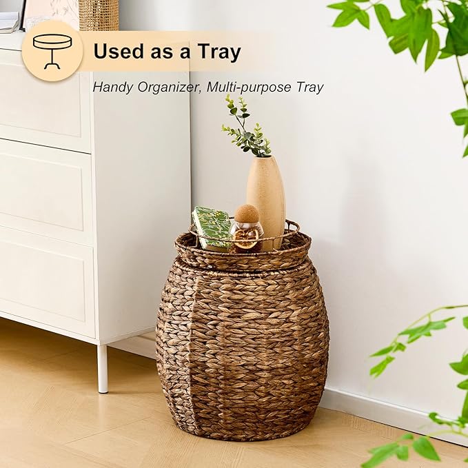 Round Wicker Basket with Lid, Handwoven Hyacinth Storage Basket, Blanket Organizer Basket for Laundry, Bathroom, Bedroom, Living Room, Office