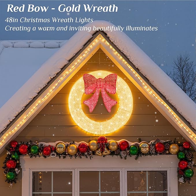 Sweetcrispy Pre-Lit Christmas Wreath, LED Lighted Holiday Outdoor Decoration with Bow for Door, Mantel, Wall, Windows, Front Door Decor, 47.5in Gold Wreath - Red Bow