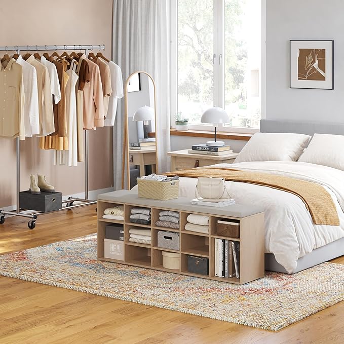 DINZI LVJ Shoe Storage Bench with Cushion, 15-Cubby Shoe Rack, Adjustable Shelves, Long Shoe Organizer Bench for Entryway, Mudroom, Hallway, Living Room, Bedroom and Garage, Natural