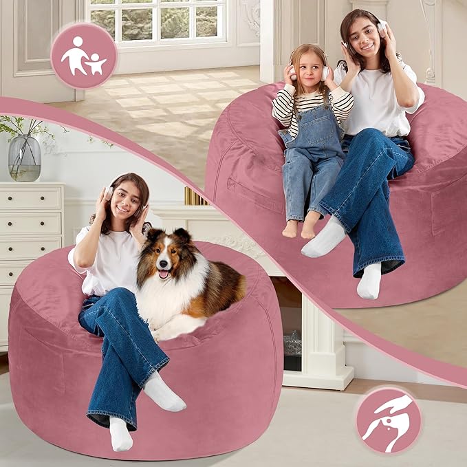 Homguava 3FT Bean Bag Chair: 3' Bean Bags with Memory Foam Filled, Large Beanbag Chairs Soft Sofa with Dutch Velet Cover-Dusty Pink