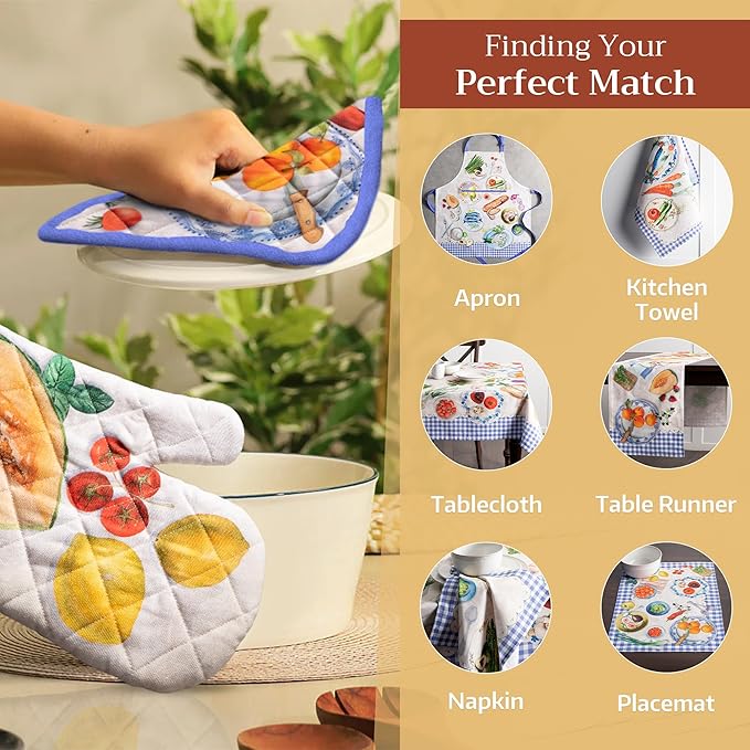 Maison d' Hermine 100% Cotton Oven Mitt & Pot Holder Set (7.5"x13" & 8"x8") Heat Resistant BBQ Cooking Gloves with Loop, Baking, Grilling, Kitchen, Handling Hot Pans Spring/Summer (Gourmand)