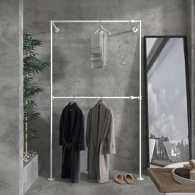 Industrial Pipe White Clothing Racks Wall Mounted, Industrial Clothes Racks for Hanging Clothes, Vintage Retail Garment Rack Display Rack
