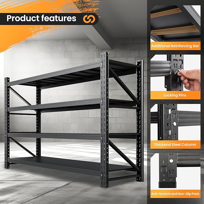 75” W Heavy Duty Metal Shelf, 8000LBS Metal Garage Shelving Units, 4 Tier Storage rack shelves, Steel Industrial Shelving , Adjustable Standing Shelf for Basement/Warehouse 75"W x 24"D x 70"H, Black